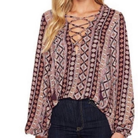 Show Me Your Mumu Tunic Blouse Size Small NWT Boho Festival Peasant Lace Up Top - Picture 2 of 9